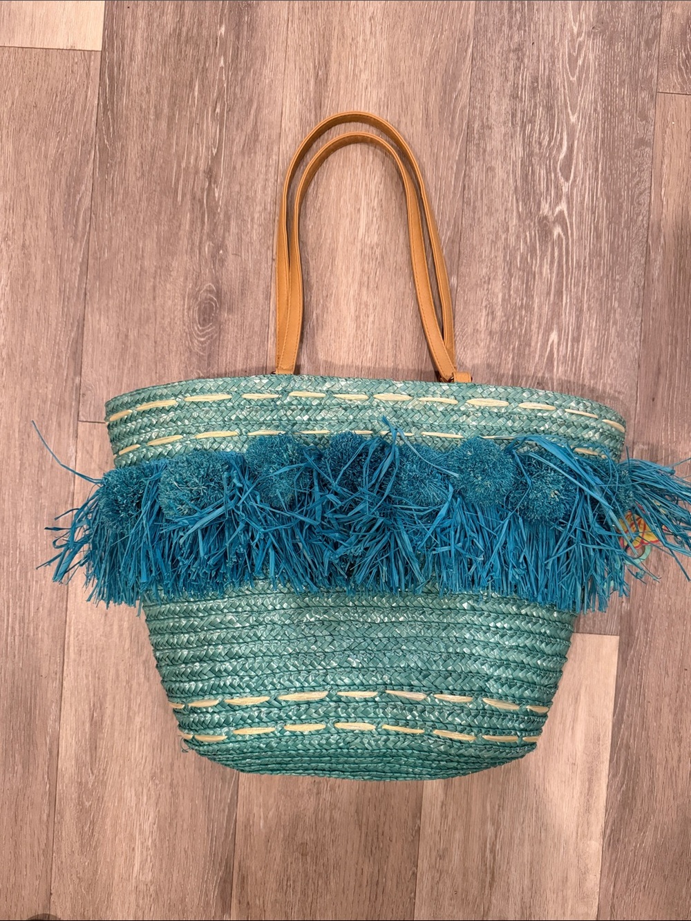 Arbonne Rare Woven Teal Fringe Straw Rafia Tote Bag - Women NEW